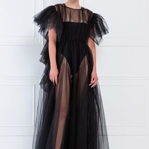 KIKI RIKI Sheer Black Tulle Maxi Dress & Strapless Long Cami Slip Black Dress